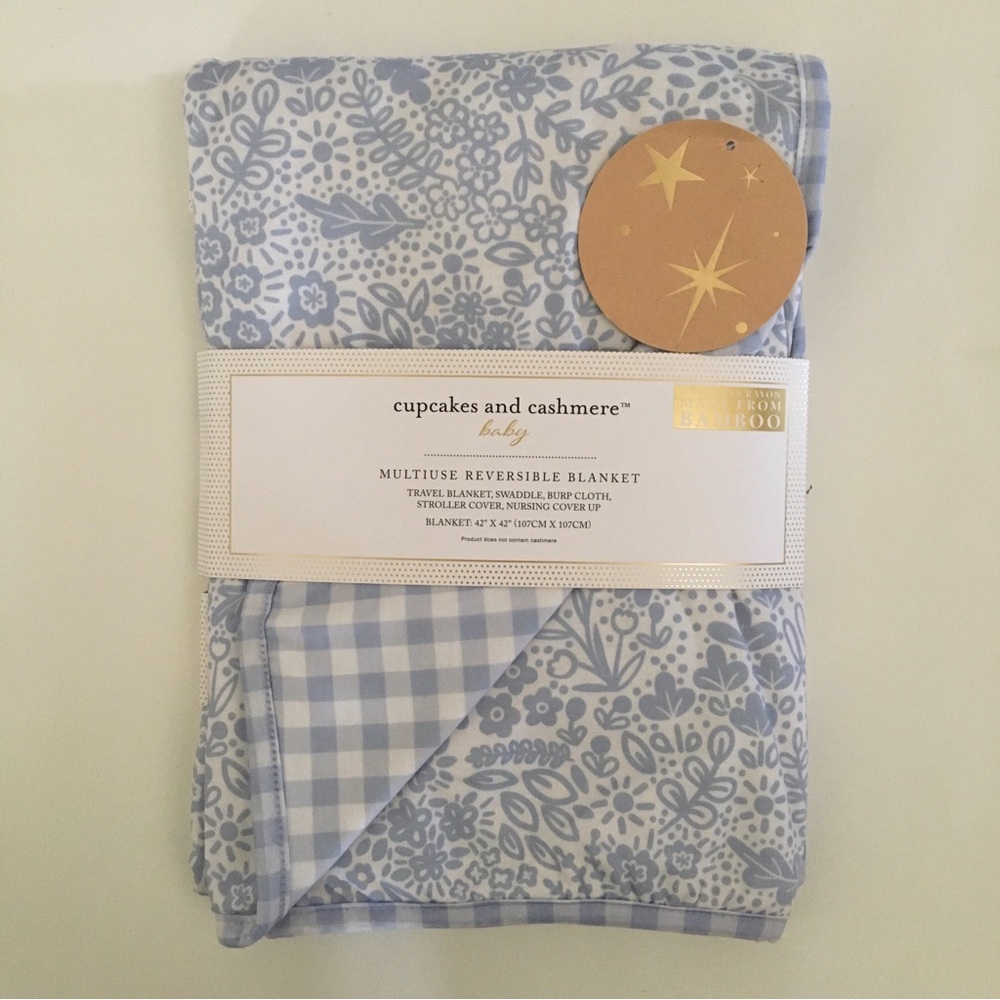 Baby Blanket Reversible Blue Floral Checker Baby Gift NEW | Cupcakes & Cashmere